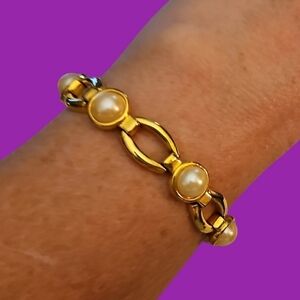 VTG Goldtone Pearl Link Formal Bridal Bracelet
